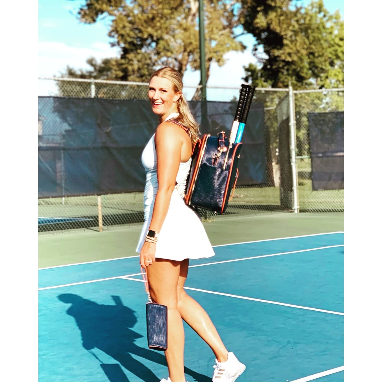 HANA water ripple pattern bag for tennis racquets; paddles and travel; free clutch and tassel; gold hardware and full features for all sports.
