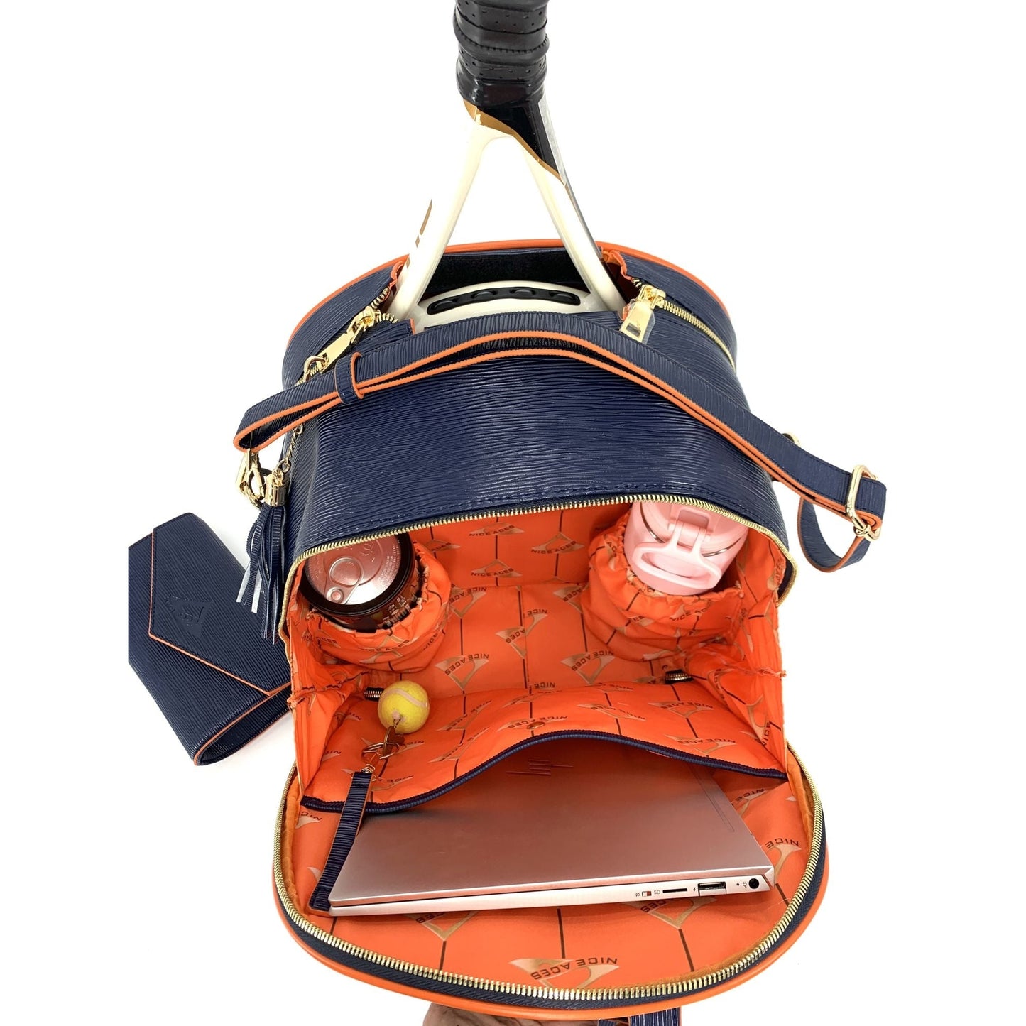 HANA water ripple pattern bag for tennis racquets;  paddles and travel;  free clutch and tassel;  gold hardware and full features for all sports.