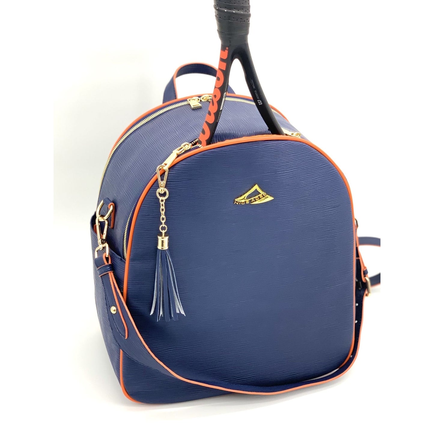 HANA water ripple pattern bag for tennis racquets;  paddles and travel;  free clutch and tassel;  gold hardware and full features for all sports.