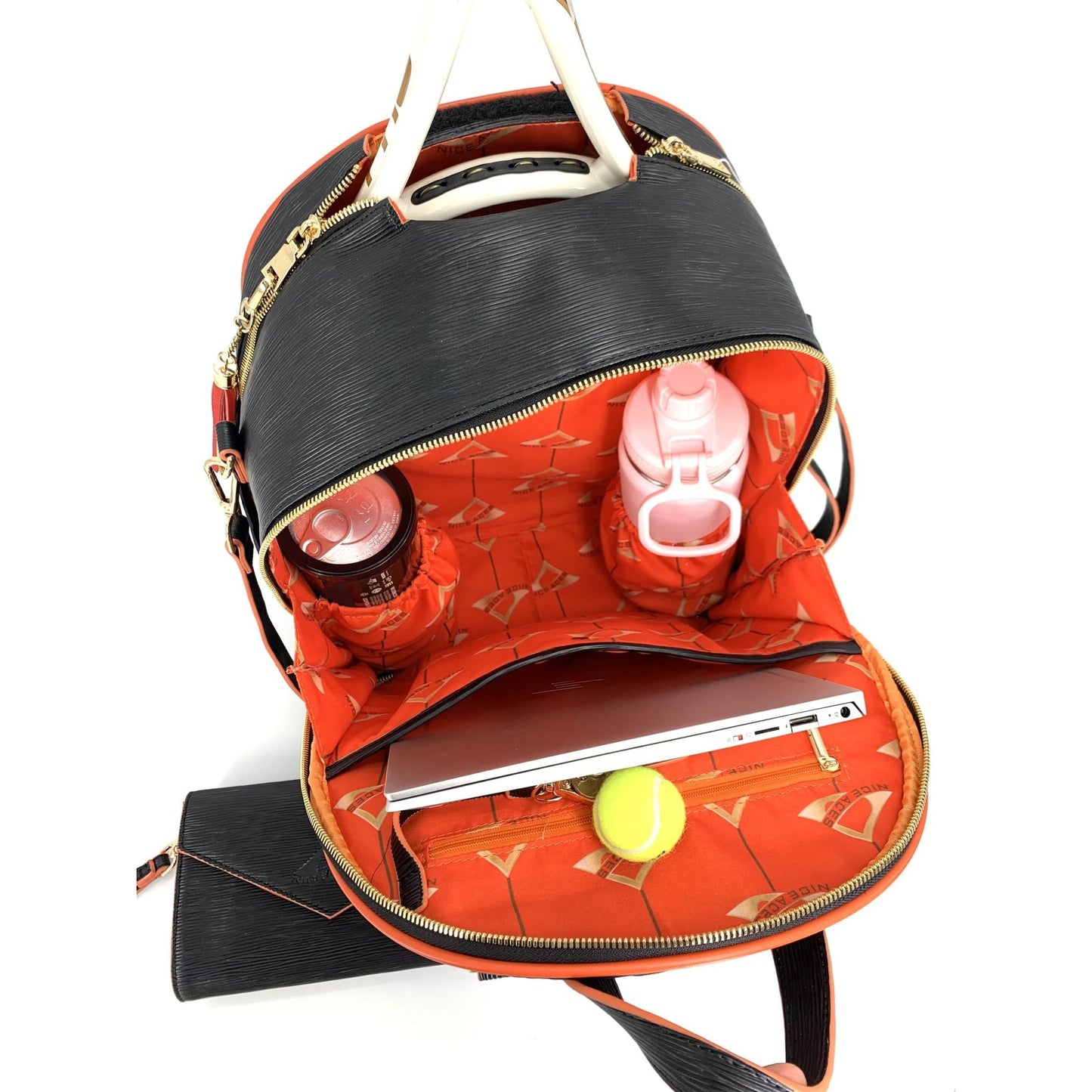 HANA water ripple pattern bag for tennis racquets;  paddles and travel;  free clutch and tassel;  gold hardware and full features for all sports.